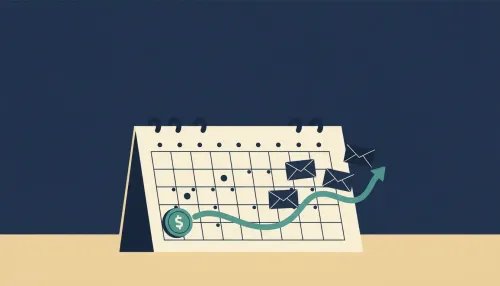 An undated calendar on a desk with a teal path from a payday token to upcoming bill envelopes.