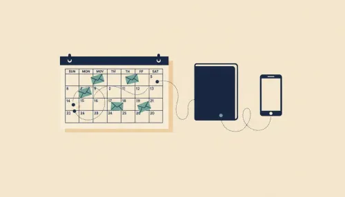 Calendar with envelopes on different days; lines converge into a single ledger folder and a phone.