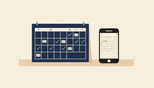 A desk with a monthly calendar, envelopes on select dates, and a phone showing reminder dots.