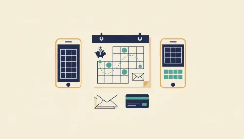 Two smartphones flank a calendar page with teal checkmarks and a dotted path from payday to a bill envelope on a tidy desk.