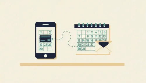 A phone and desk calendar with a teal dotted path from a paycheck card on one date to an envelope on a later date.