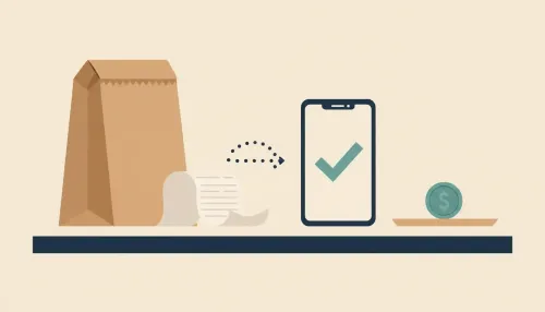 Grocery bag, long receipt, and a phone with a teal checkmark linked by a dotted arrow on a clean counter.