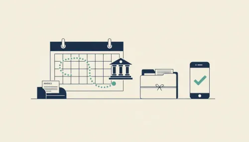 A desk with a calendar, dotted path from invoices to a bank shape, plus organized receipts and a phone with a checkmark.