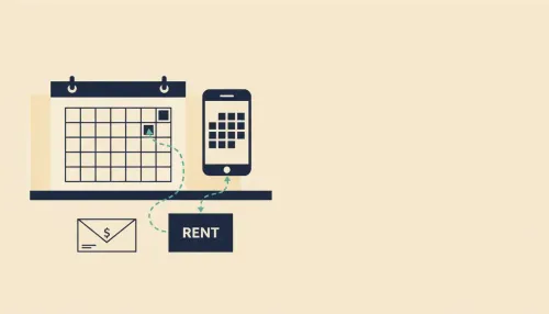 A desk with a calendar and phone, linked by a teal dashed path from paycheck to rent envelope to show cash flow timing.