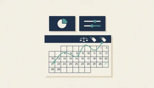 A desk calendar with two portfolio cards, a small scale, and a route line suggesting a fee comparison over time.