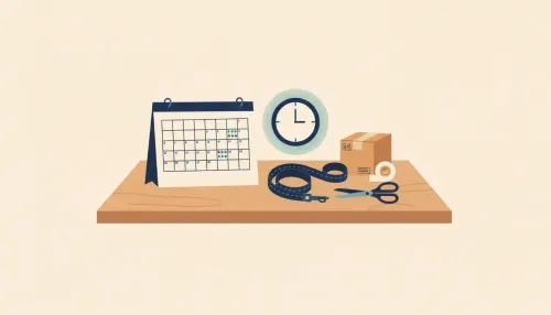 A calm desk with a blank calendar marked with teal dots and simple side gig tools beside a small clock.