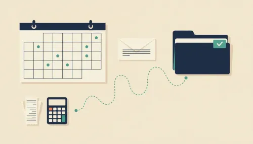 Calendar with quarterly dates linked to receipts, a calculator, and two folders, one marked with a teal checkmark.