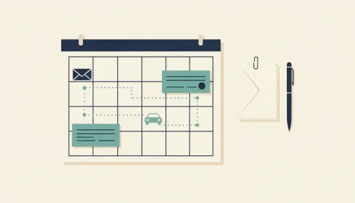 A wall calendar with two teal paycheck cards and paths to a rent envelope and car bill icon on a tidy cream desk.