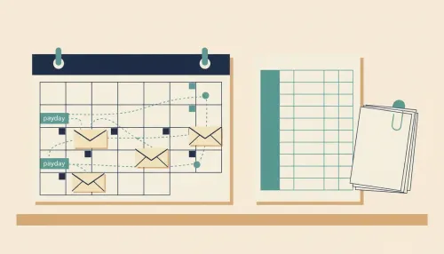 A paper calendar with teal payday markers links to bill envelopes, next to a simple grid sheet on a quiet desk.