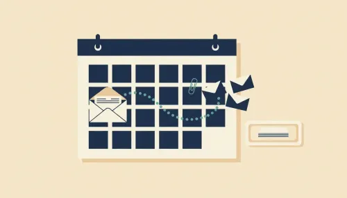 A desk calendar with a teal dotted path from a payday envelope to later bill envelopes, and a teal clip marking today.