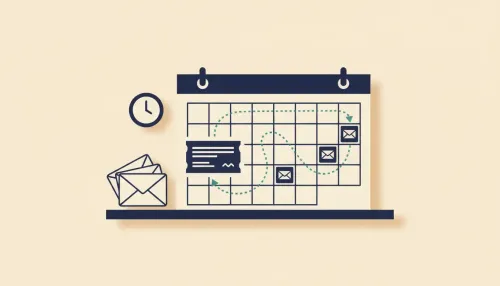 Blank calendar with a teal dotted path linking a paycheck icon before bill envelopes on later dates.