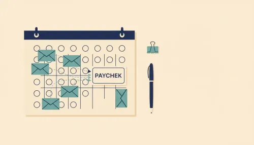 Teal bill envelopes move along dotted paths across a calendar toward a paycheck card at mid‑month.