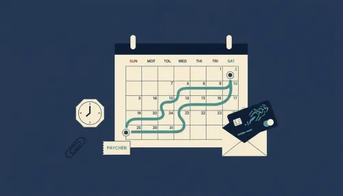 Calendar on a desk with a teal path linking a paycheck slip to an envelope and credit card, dots marking select dates.