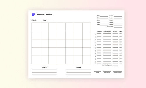 Minimalist free printable monthly budget calendar PDF with calendar grid, income tracker, and expense list to help plan bills, savings, and monthly finances.