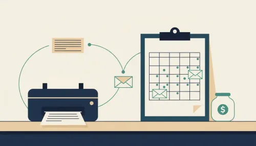 Clipboard monthly calendar with teal dots and envelopes, beside a printer feeding out a fresh page.