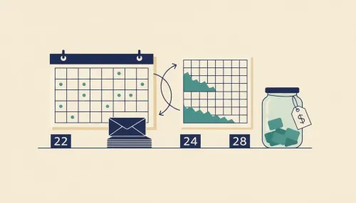 A desk calendar links to a grid spreadsheet, with envelopes and a tax jar marking bills on later dates.