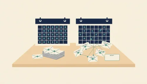 Two calendars on a desk: one with regular teal dots and neat envelopes, one with irregular dots and scattered mail.