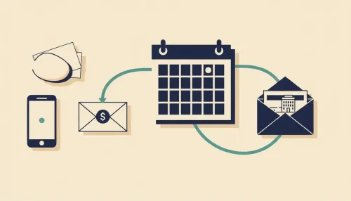 Calendar links a payday envelope to a credit card bill envelope, with a phone showing a single reminder dot on a tidy desk.