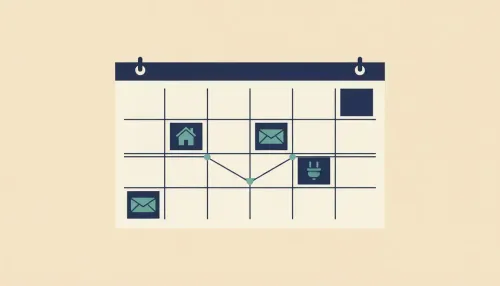 A desk calendar with envelopes on scattered dates, bill icons on fixed days, and a balance line dipping then rising.