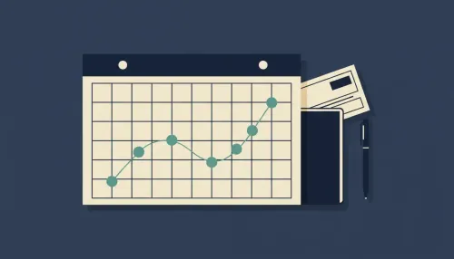 Blank calendar with four teal dots linked by a line beside an envelope with a blank payment voucher on a tidy desk.