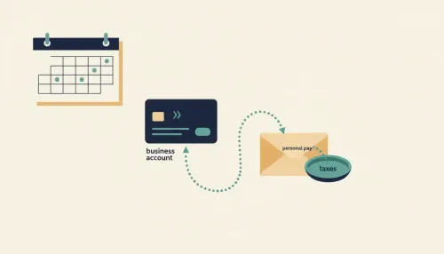 A desk shows a dotted path from a navy bank card to a cream envelope, with a small tax dish and a calendar showing repeat paydays.