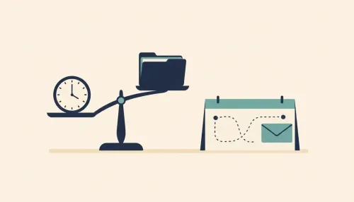 A desk with a balance scale holding a clock and a project folder beside a calendar route and a teal envelope.