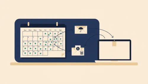 A desk with a two-month calendar, envelopes for savings and taxes, and a sealed laptop box linked by subtle arrows.