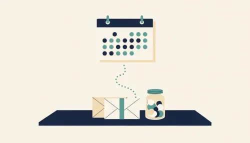 A wall calendar with teal dots above envelopes and a partially filled jar resting in a tray, suggesting a safety net.
