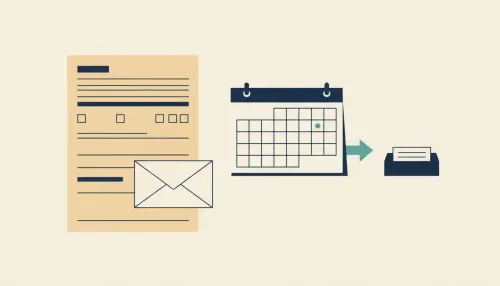 A tidy desk with a blank invoice layout, a calendar with a teal date dot, and a sealed envelope ready to send.