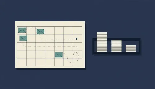 A desk with a blank month calendar as teal envelopes follow dotted paths to dates, beside three stacks of slips in a tray.