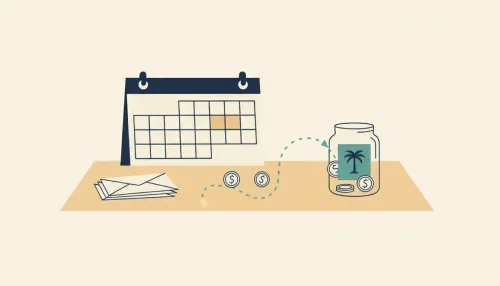 Coins follow a dotted path from envelopes into a jar beside a calendar with a shaded vacation week.