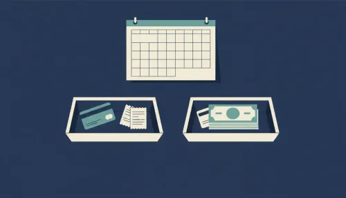 Two separate trays under a blank calendar, each holding its own card and receipts on a clean desk.