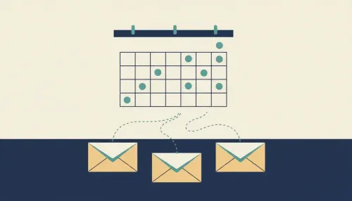 Three envelopes on a desk beneath a blank calendar grid, teal markers and a dotted line link dates to the envelopes.