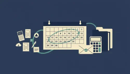 Receipts and icons flow across a calendar toward an envelope with a checkmark on a tidy desk.