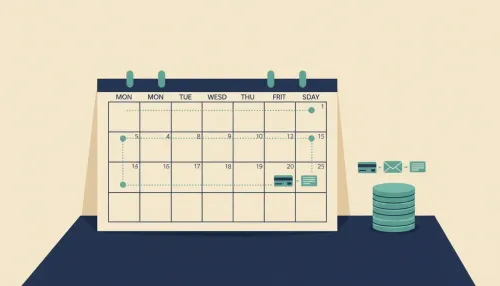 A blank desk calendar with teal loops linking dates and icons of a paycheck arriving before bills on repeated days.