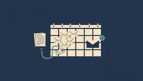 Top-down calendar with blank invoices and a teal path sending one payment into envelopes before a later bill.