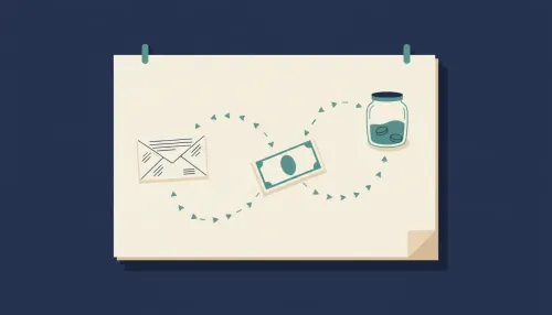 A blank calendar page on a desk with an envelope, a bill, and a coin jar linked by a teal dotted path.