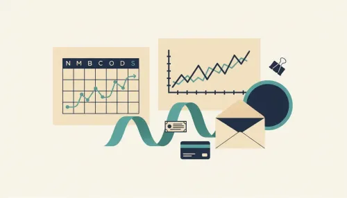 Two desk sheets show a calendar and a cashflow line linked by a teal ribbon from paycheck to upcoming bills.