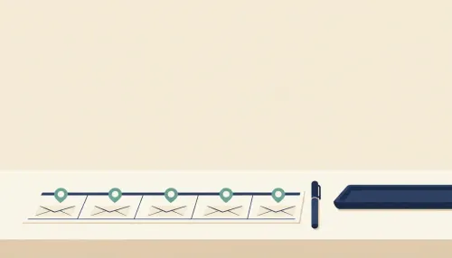 A desk calendar strip with four teal markers and matching envelopes placed beneath each quarter's due date.