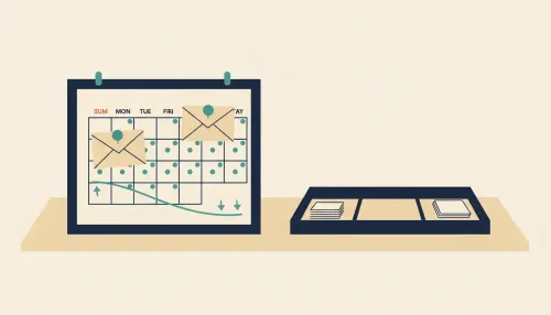 A desk with a monthly calendar, deposit dots on Tuesdays and Fridays, envelopes on early dates, and a projected balance line.