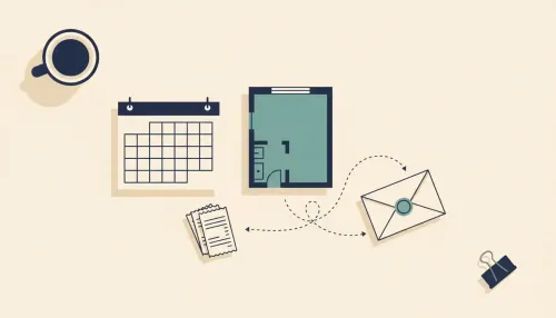 Desk with blank calendar, shaded floor plan room, receipts, and an envelope connected by a dotted path.