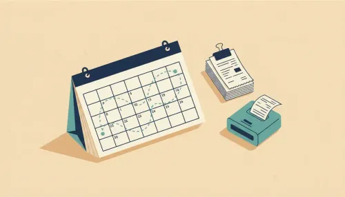 A desk with a blank calendar, a teal dotted route, and clipped receipts next to a small receipt scanner.