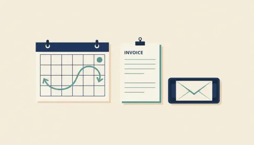 A blank calendar with two connected teal dots sits beside stacked invoices and a sealed envelope on a neat desk.