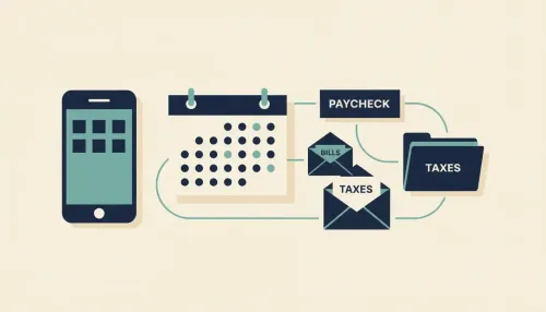 A tidy desk with a phone of app tiles, a calendar, and a route linking paycheck, bills, and taxes.