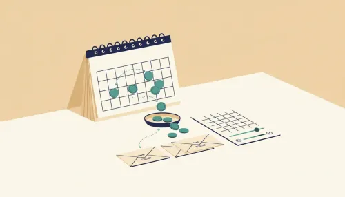 Blank calendar with scattered teal pay markers feeding a buffer dish and a row of bill envelopes on a desk.