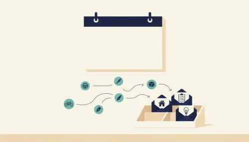 A wall calendar over a desk shows teal deposit dots flowing to envelopes for rent, utilities, and taxes.
