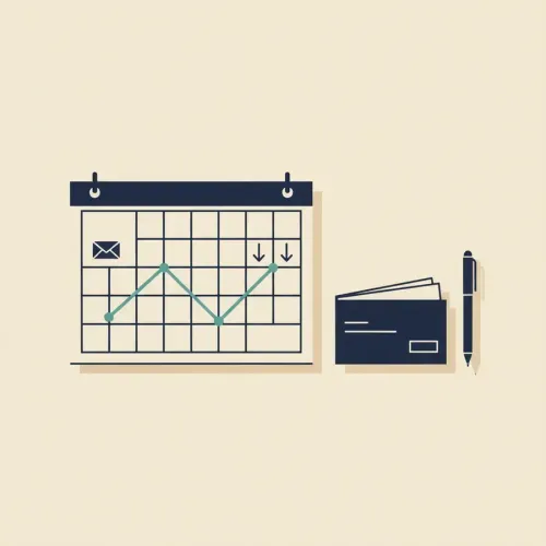 A monthly calendar shows an outgoing bill on the 1st, staggered deposits, and a line that dips then rises across the days.